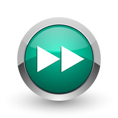 Aufkleber - Rewind silver metallic chrome web design green round internet icon with shadow on white background.