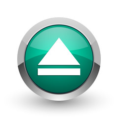 Aufkleber - Eject silver metallic chrome web design green round internet icon with shadow on white background.