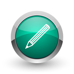 Poster - Pencil silver metallic chrome web design green round internet icon with shadow on white background.
