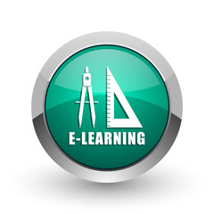Poster - Learning silver metallic chrome web design green round internet icon with shadow on white background.