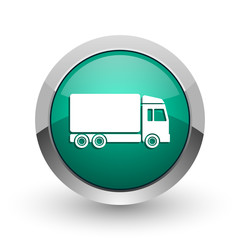 Aufkleber - Delivery silver metallic chrome web design green round internet icon with shadow on white background.