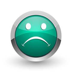 Poster - Cry silver metallic chrome web design green round internet icon with shadow on white background.
