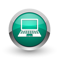 Poster - Computer silver metallic chrome web design green round internet icon with shadow on white background.
