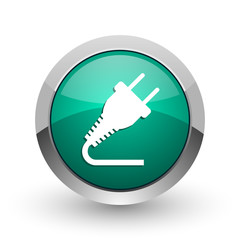 Poster - Plug silver metallic chrome web design green round internet icon with shadow on white background.
