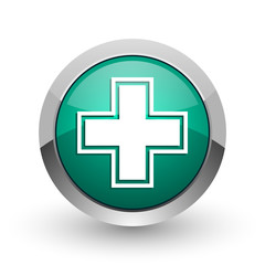 Aufkleber - Pharmacy silver metallic chrome web design green round internet icon with shadow on white background.
