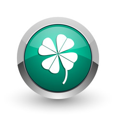 Aufkleber - Four-leaf clover silver metallic chrome web design green round internet icon with shadow on white background.