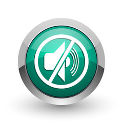 Poster - Mute silver metallic chrome web design green round internet icon with shadow on white background.