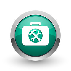 Fototapete - Toolkit silver metallic chrome web design green round internet icon with shadow on white background.