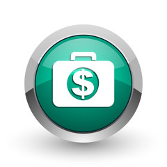Poster - Financial silver metallic chrome web design green round internet icon with shadow on white background.
