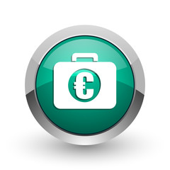 Poster - Financial silver metallic chrome web design green round internet icon with shadow on white background.