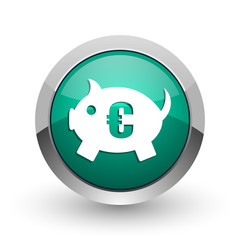 Aufkleber - Piggy bank silver metallic chrome web design green round internet icon with shadow on white background.
