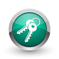 Aufkleber - Keys silver metallic chrome web design green round internet icon with shadow on white background.