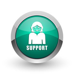 Aufkleber - Support silver metallic chrome web design green round internet icon with shadow on white background.