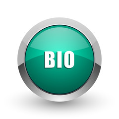 Poster - Bio silver metallic chrome web design green round internet icon with shadow on white background.