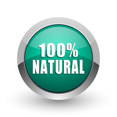 Poster - Natural silver metallic chrome web design green round internet icon with shadow on white background.