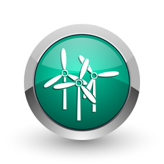 Poster - Windmill silver metallic chrome web design green round internet icon with shadow on white background.