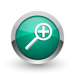 Poster - Lens silver metallic chrome web design green round internet icon with shadow on white background.