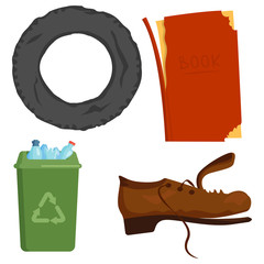 Wall Mural - Recycling garbage elements trash bags tires management industry utilize concept and waste ecology can bottle recycling disposal box vector illustration.