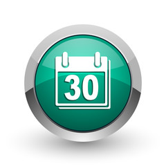 Aufkleber - Calendar silver metallic chrome web design green round internet icon with shadow on white background.