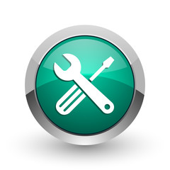 Aufkleber - Tools silver metallic chrome web design green round internet icon with shadow on white background.