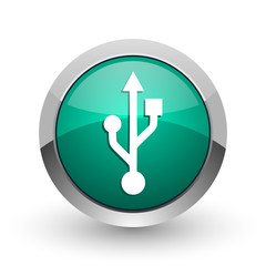 Aufkleber - Usb silver metallic chrome web design green round internet icon with shadow on white background.