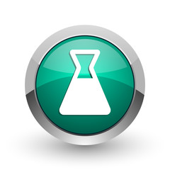 Poster - Laboratory silver metallic chrome web design green round internet icon with shadow on white background.