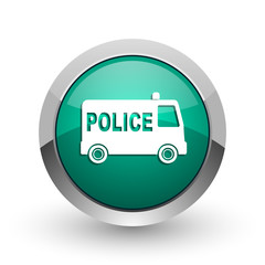 Poster - Police silver metallic chrome web design green round internet icon with shadow on white background.
