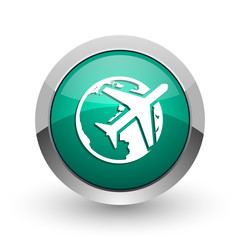 Poster - Travel silver metallic chrome web design green round internet icon with shadow on white background.