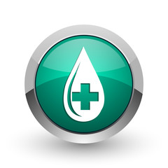 Poster - Blood silver metallic chrome web design green round internet icon with shadow on white background.