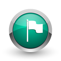 Leinwandbilder - Flag silver metallic chrome web design green round internet icon with shadow on white background.