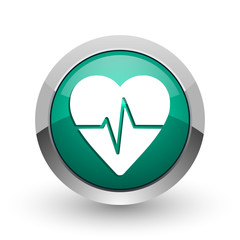 Aufkleber - Pulse silver metallic chrome web design green round internet icon with shadow on white background.