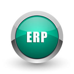 Poster - Erp silver metallic chrome web design green round internet icon with shadow on white background.