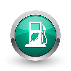 Poster - Biofuel silver metallic chrome web design green round internet icon with shadow on white background.