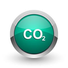 Poster - Carbon dioxide silver metallic chrome web design green round internet icon with shadow on white background.