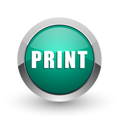 Poster - Print silver metallic chrome web design green round internet icon with shadow on white background.