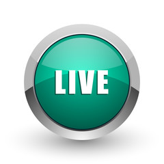 Poster - Live silver metallic chrome web design green round internet icon with shadow on white background.