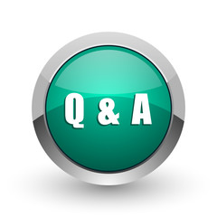 Poster - Question answer silver metallic chrome web design green round internet icon with shadow on white background.