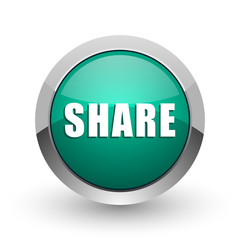 Poster - Share silver metallic chrome web design green round internet icon with shadow on white background.