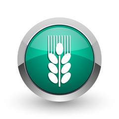 Aufkleber - Grain silver metallic chrome web design green round internet icon with shadow on white background.