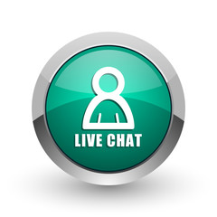 Aufkleber - Live chat silver metallic chrome web design green round internet icon with shadow on white background.