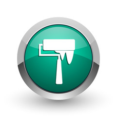Poster - Brush silver metallic chrome web design green round internet icon with shadow on white background.