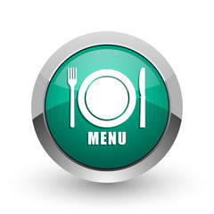 Aufkleber - Menu silver metallic chrome web design green round internet icon with shadow on white background.