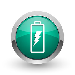 Aufkleber - Battery silver metallic chrome web design green round internet icon with shadow on white background.
