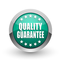 Aufkleber - Quality guarantee silver metallic chrome web design green round internet icon with shadow on white background.