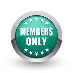 Poster - Members only silver metallic chrome web design green round internet icon with shadow on white background.