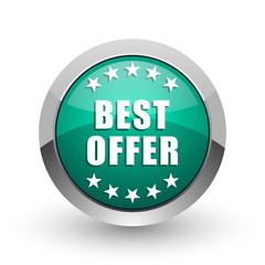 Poster - Best offer silver metallic chrome web design green round internet icon with shadow on white background.