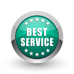 Poster - Best service silver metallic chrome web design green round internet icon with shadow on white background.
