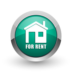 Poster - For rent silver metallic chrome web design green round internet icon with shadow on white background.