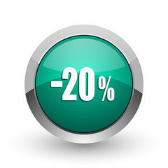 Poster - 20 percent sale retail silver metallic chrome web design green round internet icon with shadow on white background.