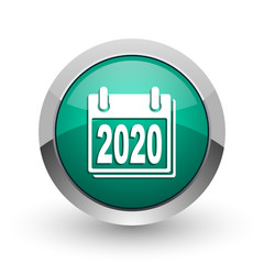 Poster - New year 2020 silver metallic chrome web design green round internet icon with shadow on white background.